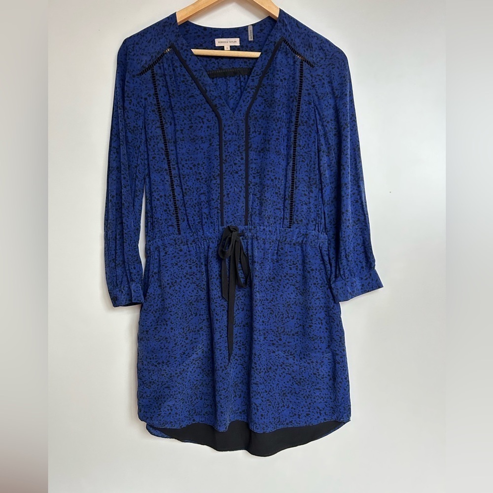 Rebecca Taylor silk  Long Sleeve blue black Print Dress with  belt - Picture 2 of 9